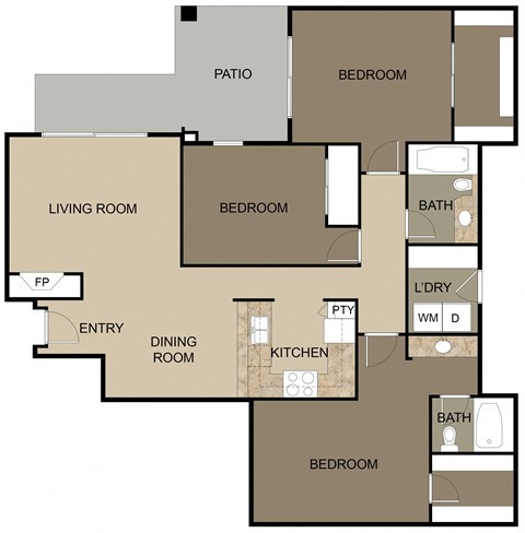Floor plan for 3 beds, 2 baths, 1293 sqft